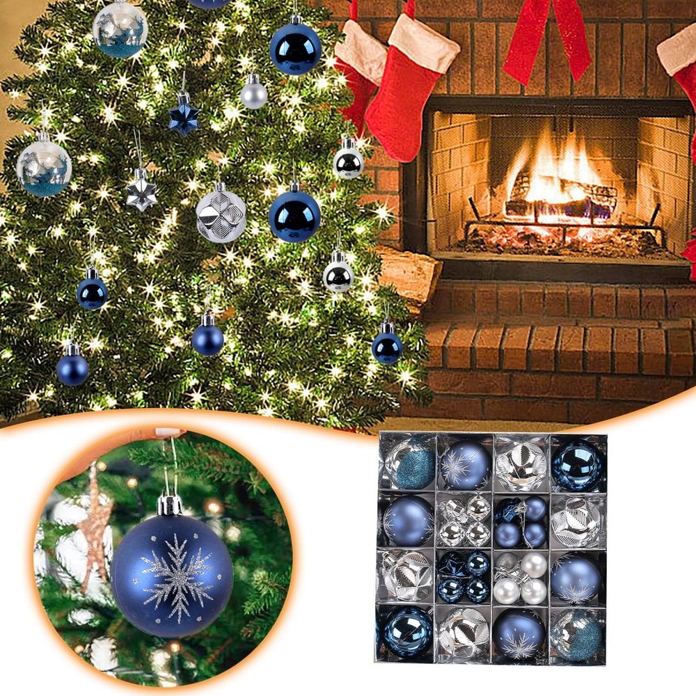 Blue Silver Christmas Ball Ornaments 44 Count, Bulk Glitter Hanging Decor Set For Tree Garland And Holiday Party