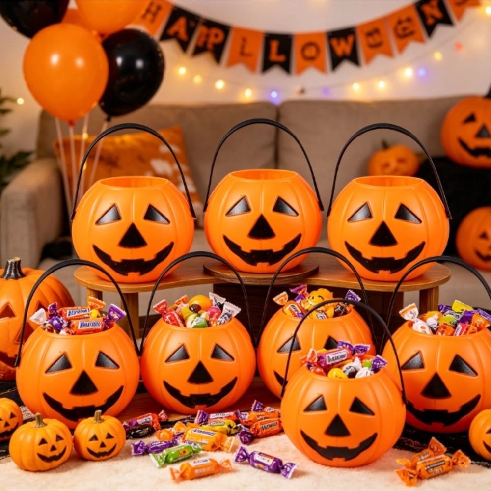 Halloween Pumpkin Bucket Plastic Candy Pail with Handle Lantern Design Portable Trick or Treat Candy Holder for Halloween Pumpkin Basket Halloween Decorations,6Pcs
