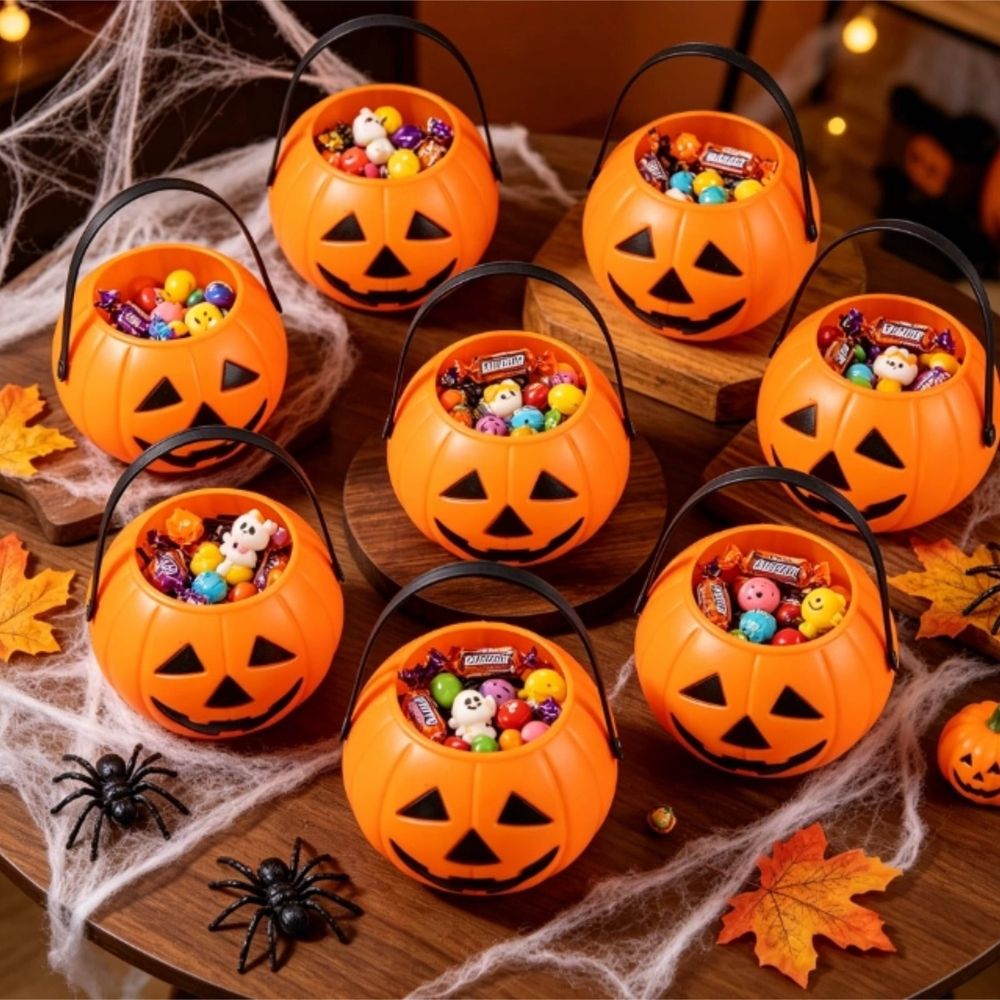 Halloween Pumpkin Bucket Plastic Candy Pail with Handle Lantern Design Portable Trick or Treat Candy Holder for Halloween Pumpkin Basket Halloween Decorations,6Pcs