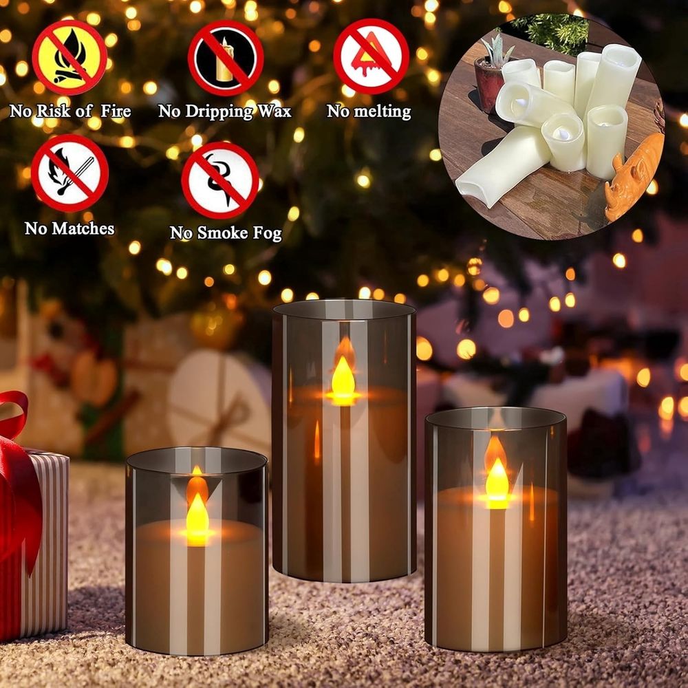 3 Pack Gray Flameless Candles 4 5 6" Battery Operated Candles with Remote Flickering Led Candles Acrylic Glass Table Decor