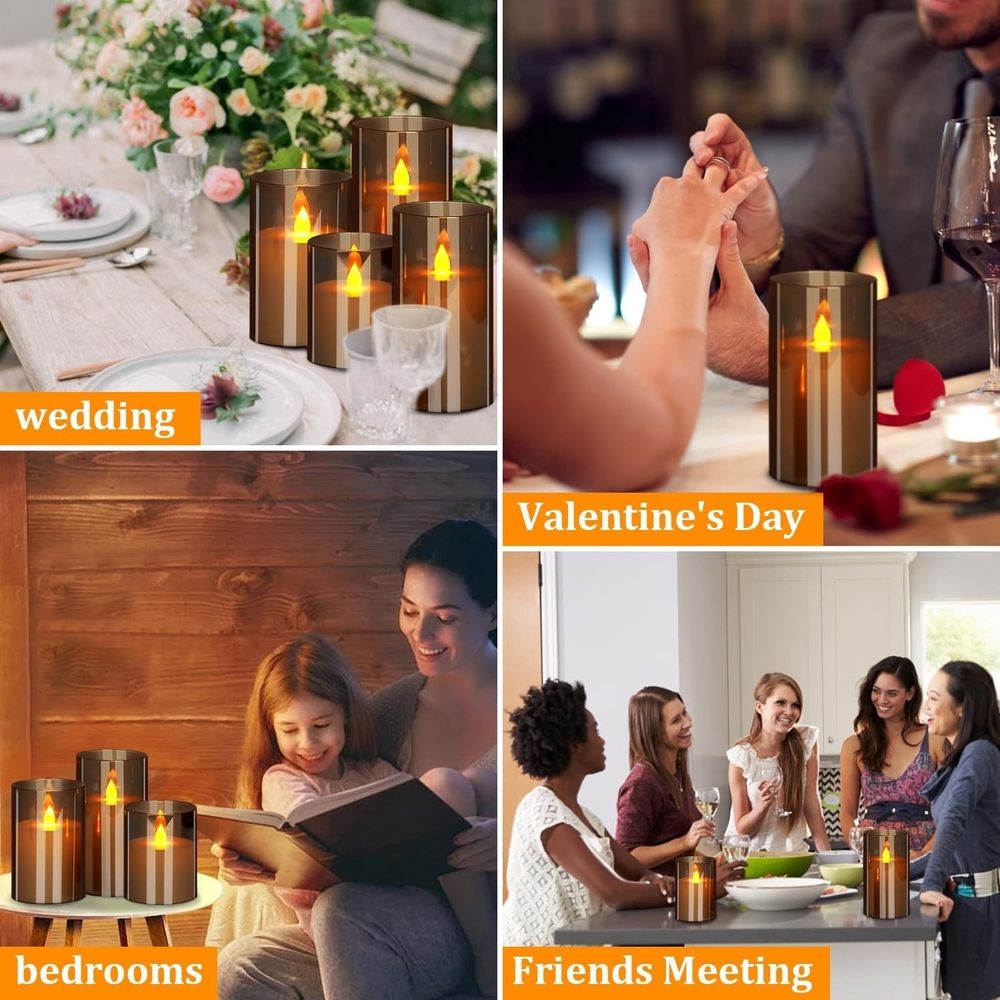 3 Pack Gray Flameless Candles 4 5 6" Battery Operated Candles with Remote Flickering Led Candles Acrylic Glass Table Decor