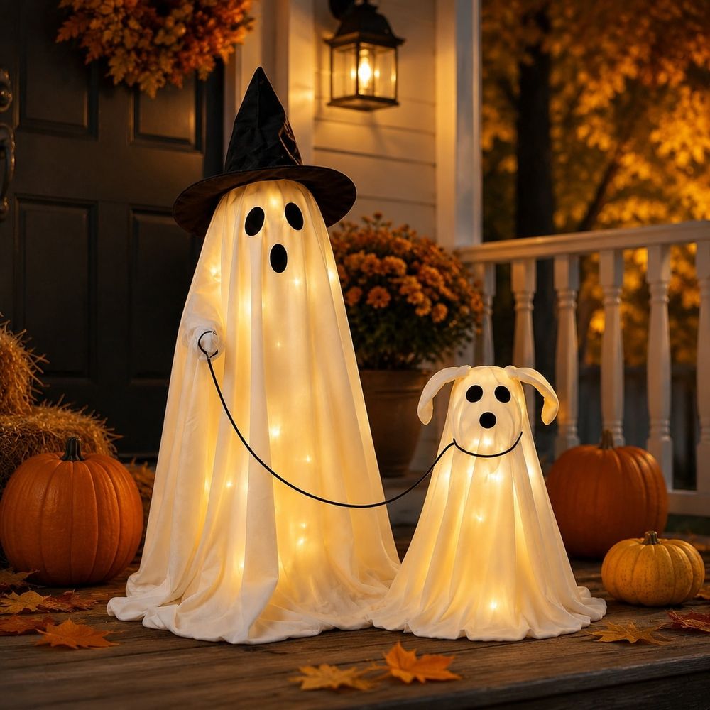 Halloween Wizard Ghost Dog Decoration Set, Cute Ghost Walking Dog Figurines with Wizard Hat, Spooky Outdoor Patio Indoor Tabletop Decor for Yard Garden Party Holiday Display