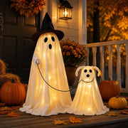 Halloween Wizard Ghost Dog Decoration Set, Cute Ghost Walking Dog Figurines with Wizard Hat, Spooky Outdoor Patio Indoor Tabletop Decor for Yard Garden Party Holiday Display