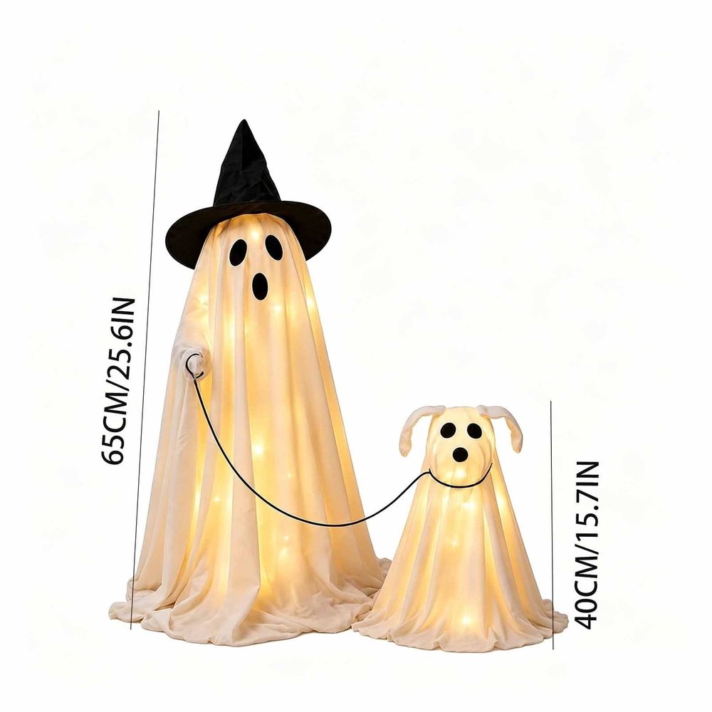 Halloween Wizard Ghost Dog Decoration Set, Cute Ghost Walking Dog Figurines with Wizard Hat, Spooky Outdoor Patio Indoor Tabletop Decor for Yard Garden Party Holiday Display