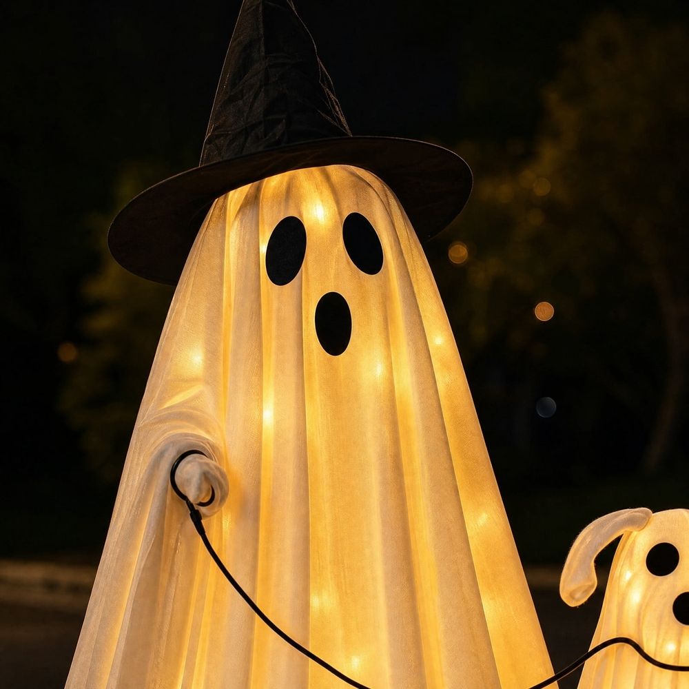 Halloween Wizard Ghost Dog Decoration Set, Cute Ghost Walking Dog Figurines with Wizard Hat, Spooky Outdoor Patio Indoor Tabletop Decor for Yard Garden Party Holiday Display