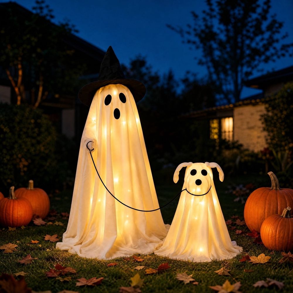 Halloween Decorations Outdoor, 25.6" Light Up Halloween Ghost with Dog, Cute Spooky Halloween Ghost Decor for Outdoor Indoor Porch Yard Lawn Home