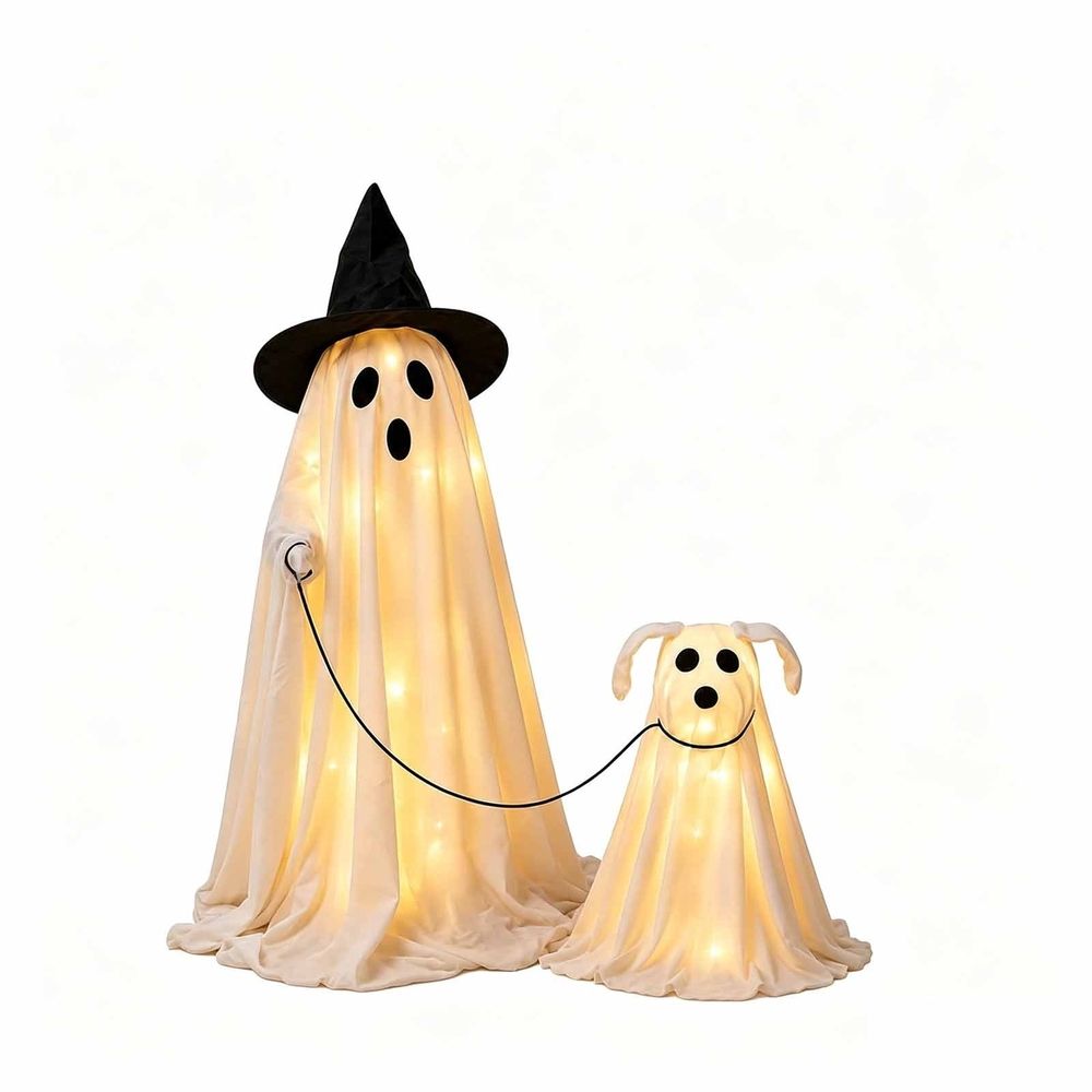 Halloween Decorations Outdoor, 25.6" Light Up Halloween Ghost with Dog, Cute Spooky Halloween Ghost Decor for Outdoor Indoor Porch Yard Lawn Home