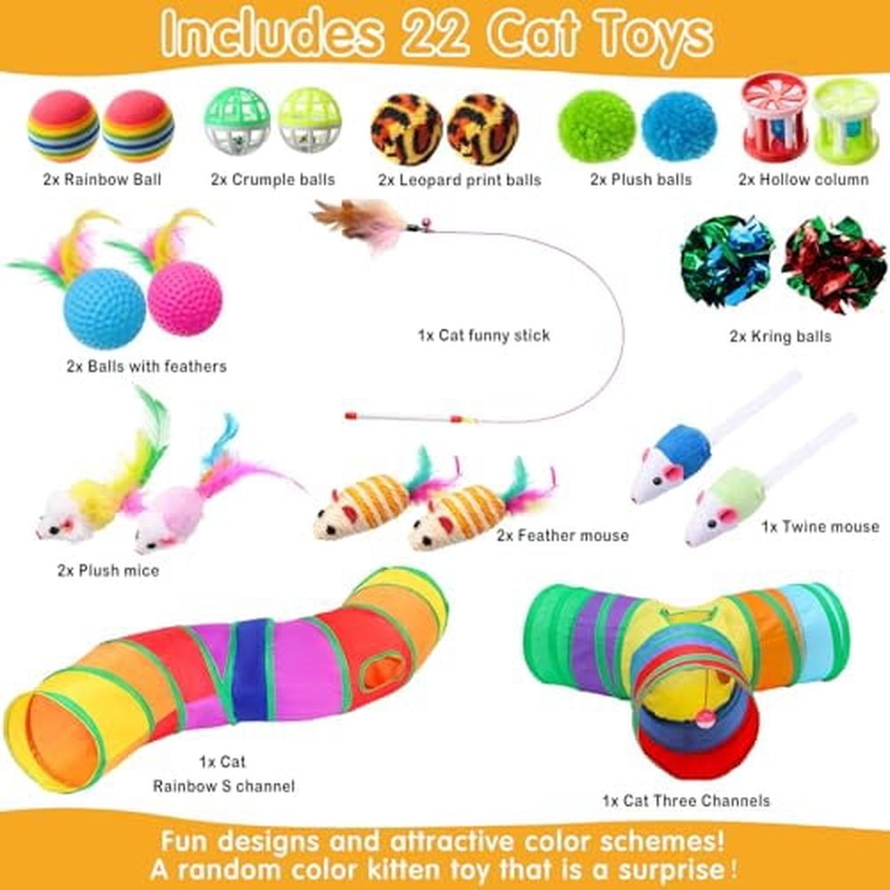 22pcs Cat Kitten Toys Set with 2 Collapsible Cat Tunnel and 20 Interactive Kitty Feather Toy,Fluffy Mouse,Crinkle Balls,for Kitten Puppy(Multicolor)