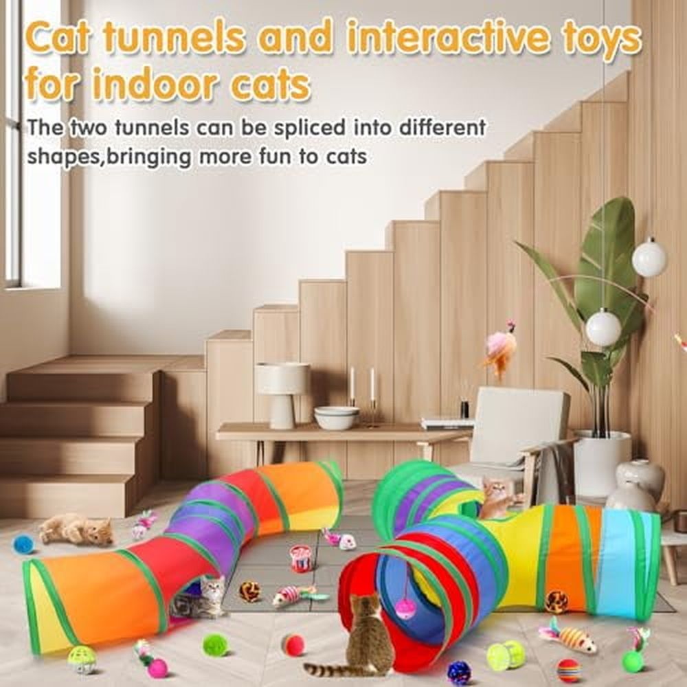22pcs Cat Kitten Toys Set with 2 Collapsible Cat Tunnel and 20 Interactive Kitty Feather Toy,Fluffy Mouse,Crinkle Balls,for Kitten Puppy(Multicolor)