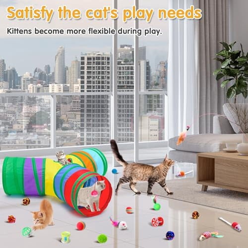 22pcs Cat Kitten Toys Set with 2 Collapsible Cat Tunnel and 20 Interactive Kitty Feather Toy,Fluffy Mouse,Crinkle Balls,for Kitten Puppy(Multicolor)