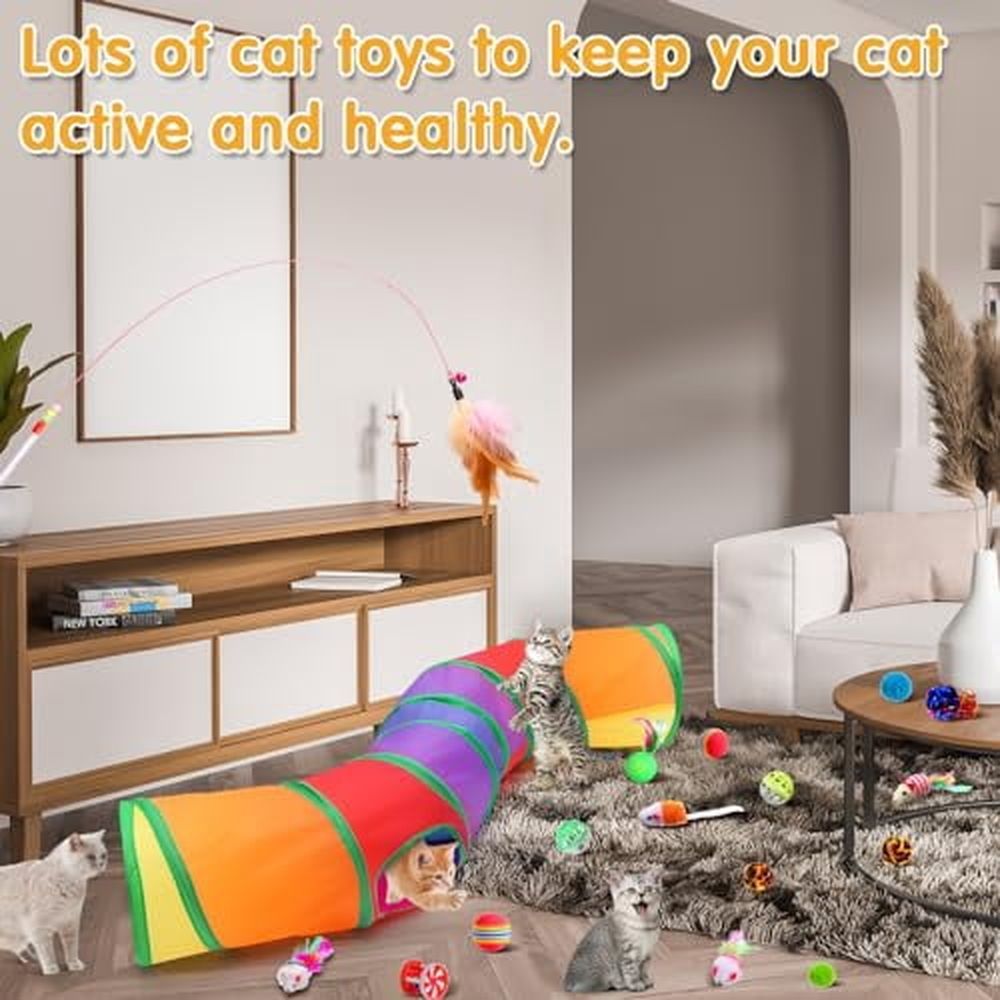 22pcs Cat Kitten Toys Set with 2 Collapsible Cat Tunnel and 20 Interactive Kitty Feather Toy,Fluffy Mouse,Crinkle Balls,for Kitten Puppy(Multicolor)