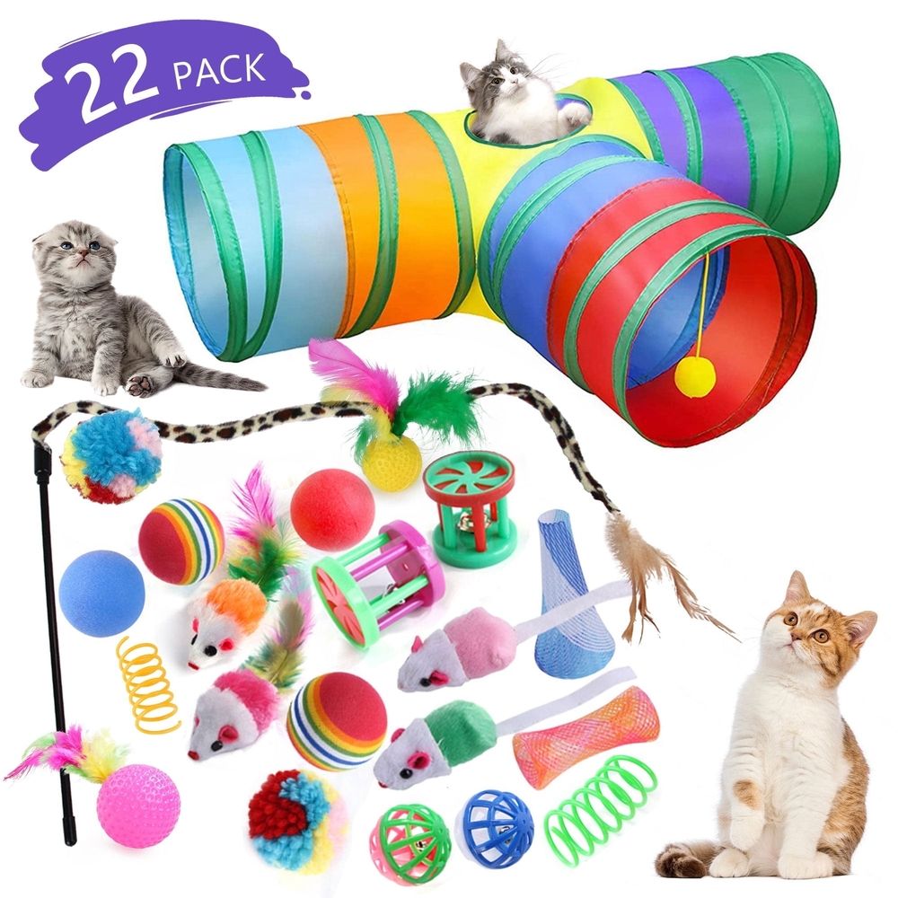 22pcs Pet Toys Combo Set - for Dogs,Cats & Rabbits Interactive T-Tunnel Cat Teaser Plush Mouse Set