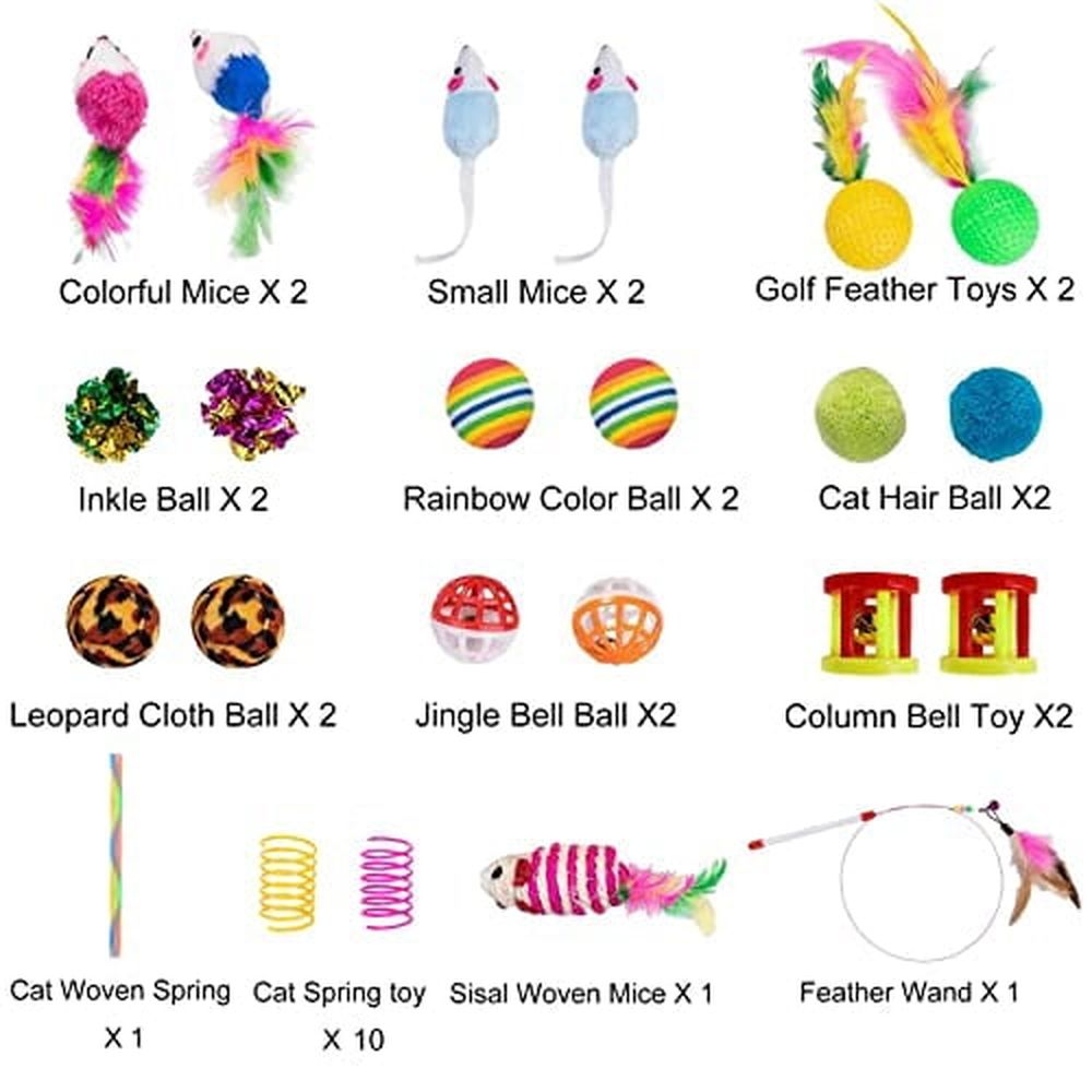 32Pcs Cat Toys Kitten Interactive Pet Toys Assortments,Foldable Rainbow Tunnel,Cat Feather Teaser Wand Interactive Feather Toy Fluffy Mouse Crinkle Balls Bell Play for Cat Puppy Kitty Kitten(2 way)