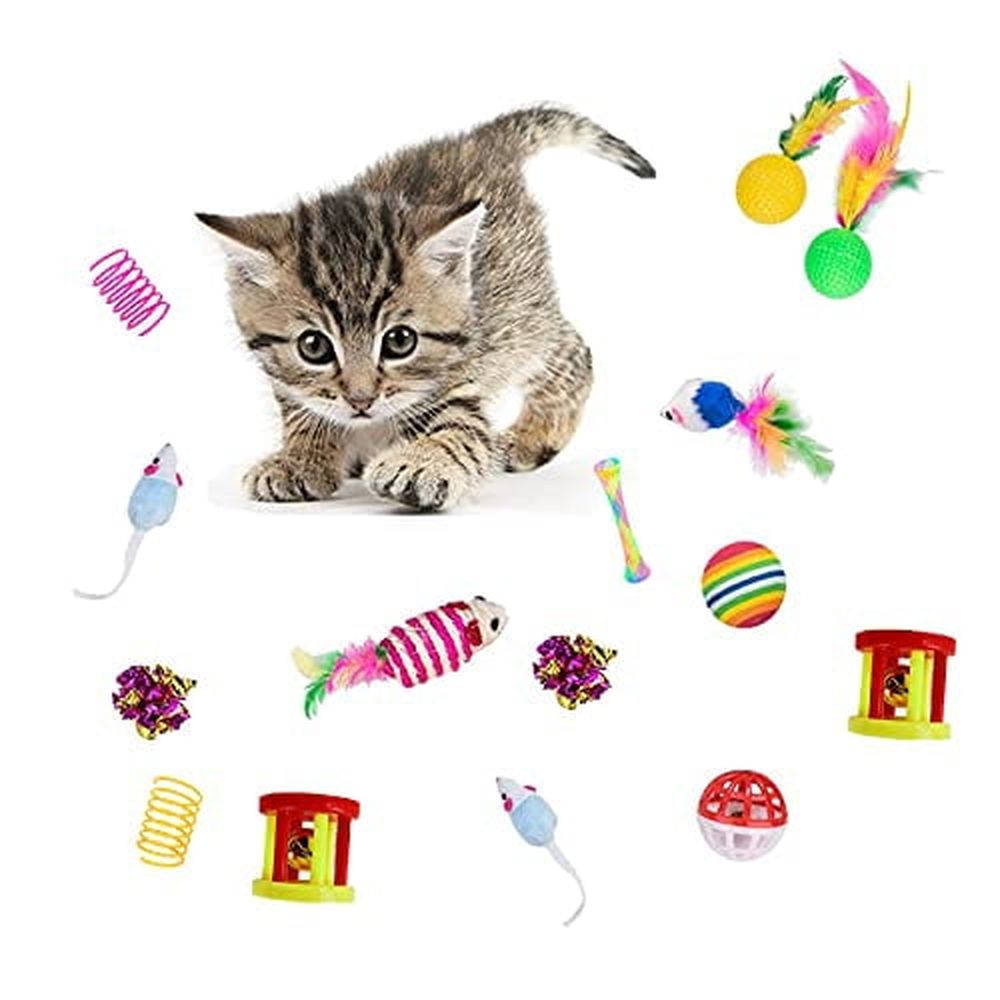 32Pcs Cat Toys Kitten Interactive Pet Toys Assortments,Foldable Rainbow Tunnel,Cat Feather Teaser Wand Interactive Feather Toy Fluffy Mouse Crinkle Balls Bell Play for Cat Puppy Kitty Kitten(2 way)