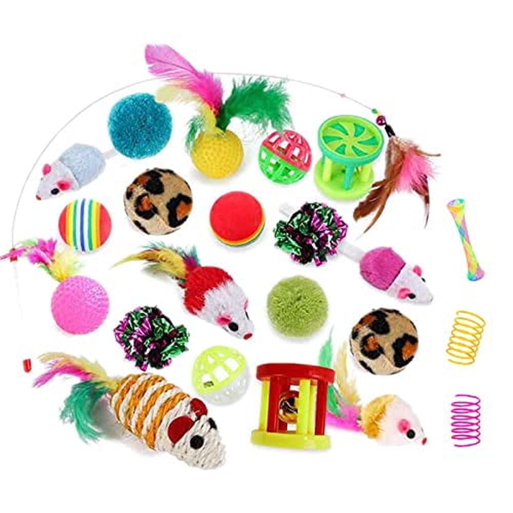 32Pcs Cat Toys Kitten Interactive Pet Toys Assortments,Foldable Rainbow Tunnel,Cat Feather Teaser Wand Interactive Feather Toy Fluffy Mouse Crinkle Balls Bell Play for Cat Puppy Kitty Kitten(2 way)