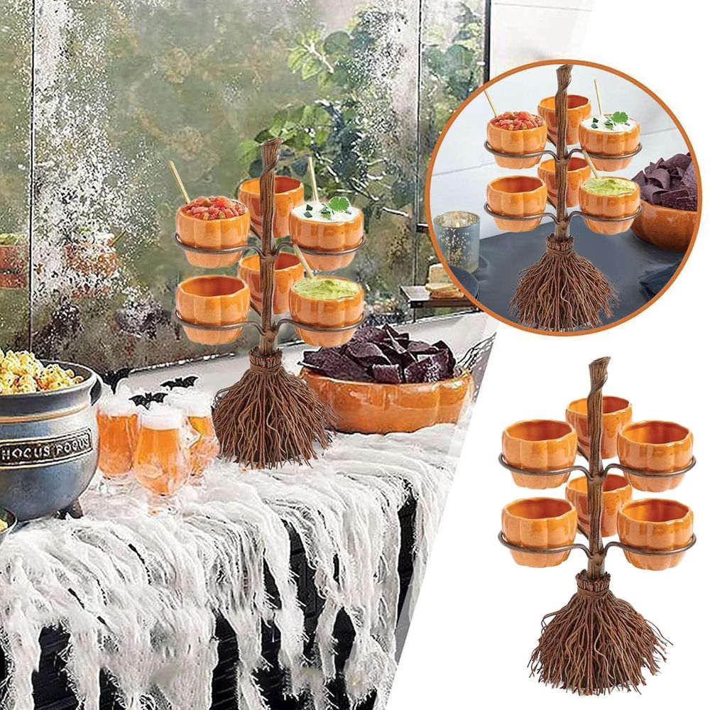 Halloween Pumpkin Snack Bowl Stand with Ceramic Bowls for Candy, Desserts, Dips, and Party Decorations - Stable & Fun Halloween Serving Tray