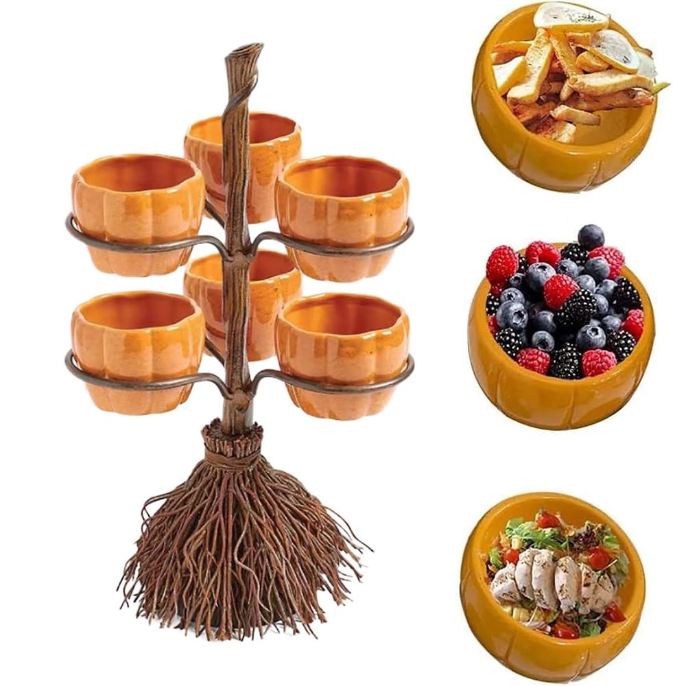 Halloween Pumpkin Snack Bowl Stand with Ceramic Bowls for Candy, Desserts, Dips, and Party Decorations - Stable & Fun Halloween Serving Tray