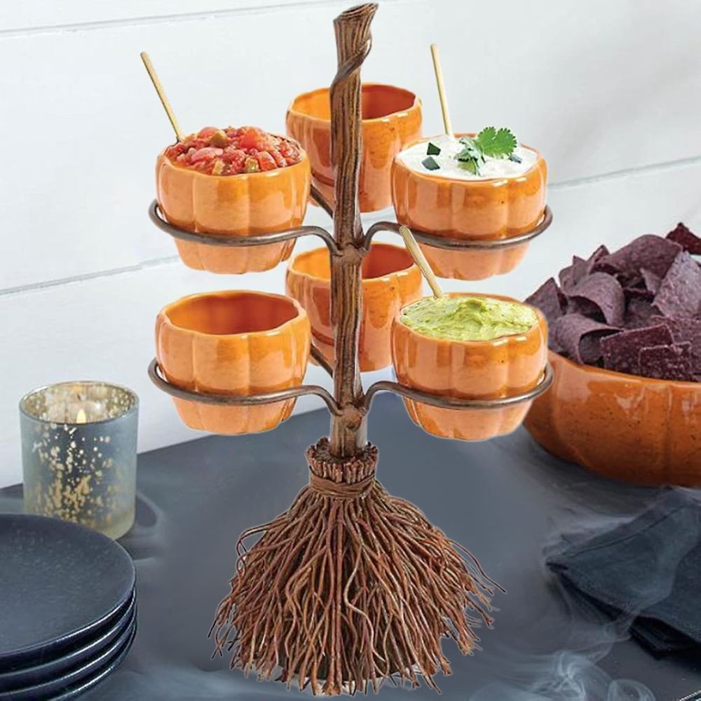 Halloween Pumpkin Snack Bowl Stand with Ceramic Bowls for Candy, Desserts, Dips, and Party Decorations - Stable & Fun Halloween Serving Tray