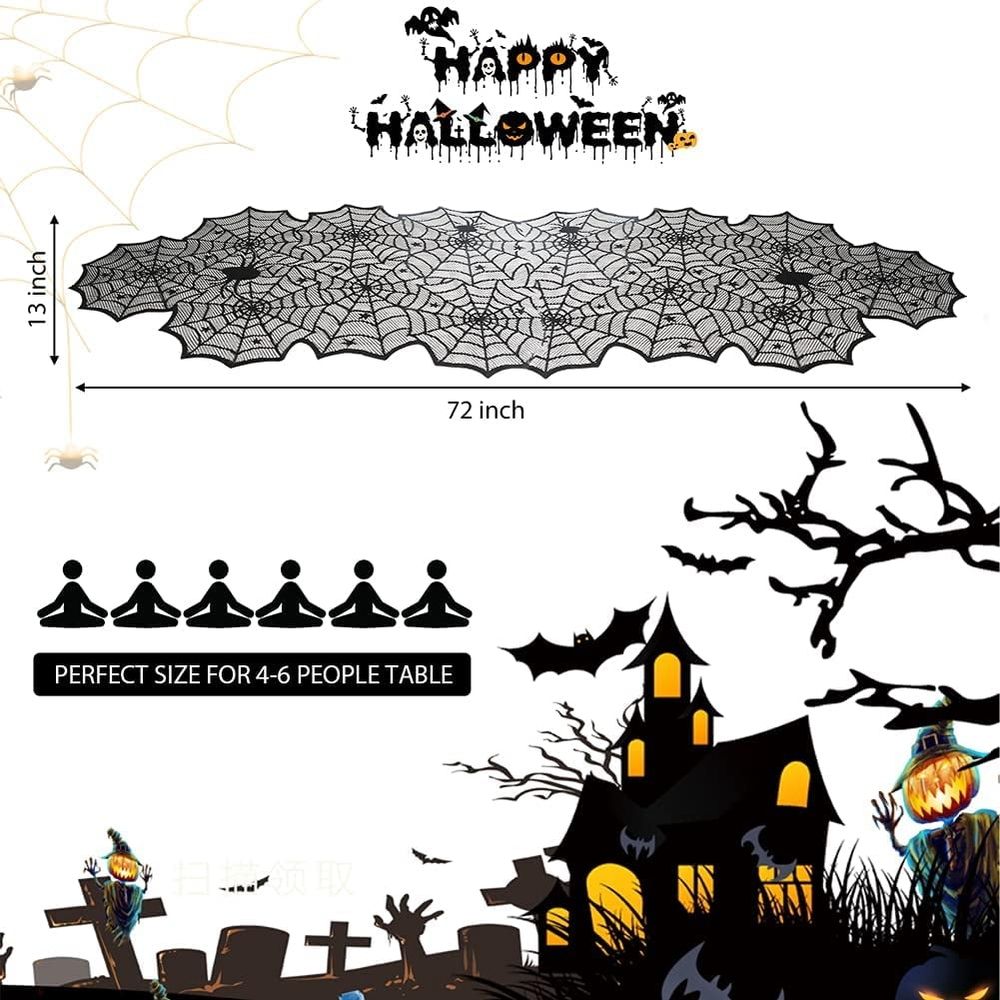 Halloween Table Runner, Black Lace Spider Web Table Runners for Halloween Table Decor, Creepy Table Cloth for Halloween Party Dinner Table Decoration 13 x 72Inch