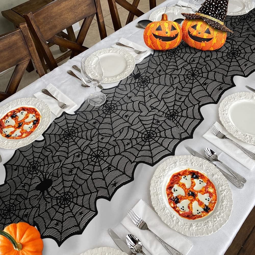 Halloween Table Runner, Black Lace Spider Web Table Runners for Halloween Table Decor, Creepy Table Cloth for Halloween Party Dinner Table Decoration 13 x 72Inch