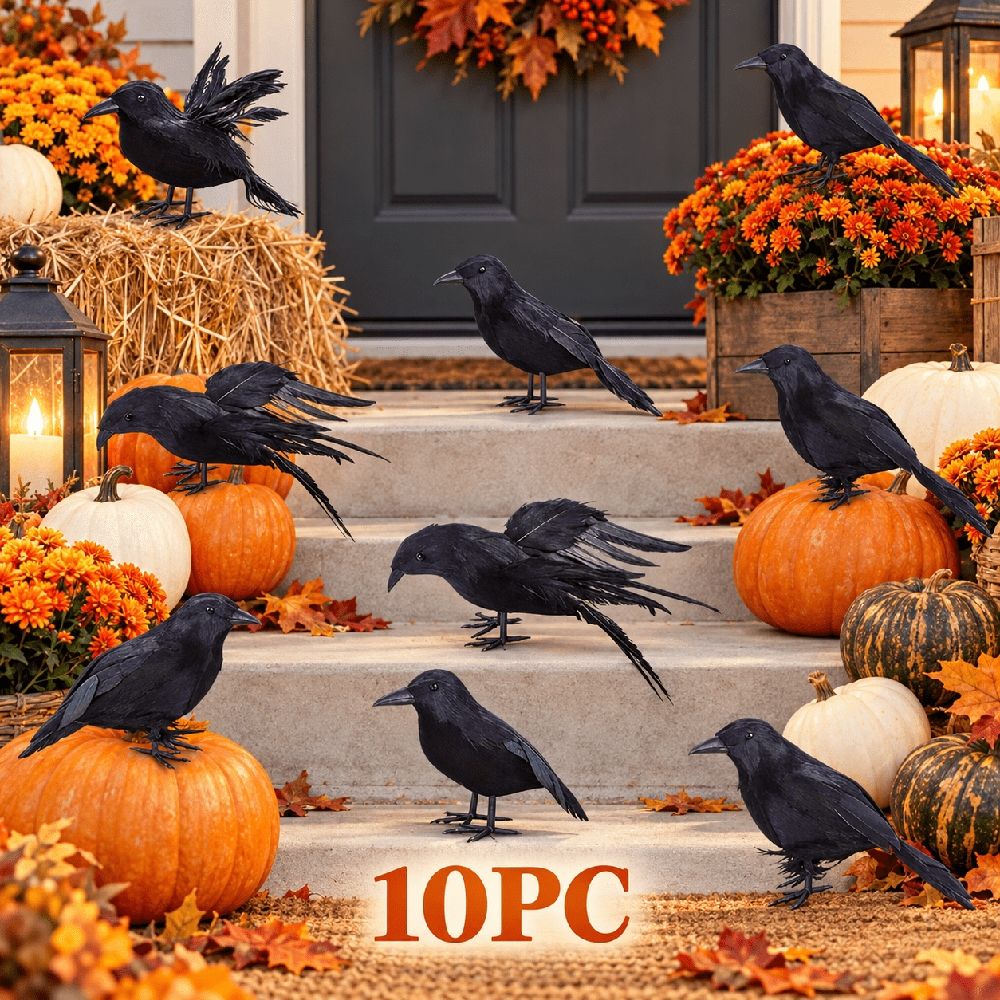 Halloween Crow Decorations 5 Pack in My order, Realistic Handmade Black Feather Crows Prop Fly and Stand Crows Ravens for Outdoors and Indoors Halloween Decorations
