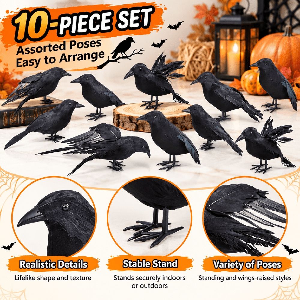 Halloween Crow Decorations 5 Pack in My order, Realistic Handmade Black Feather Crows Prop Fly and Stand Crows Ravens for Outdoors and Indoors Halloween Decorations