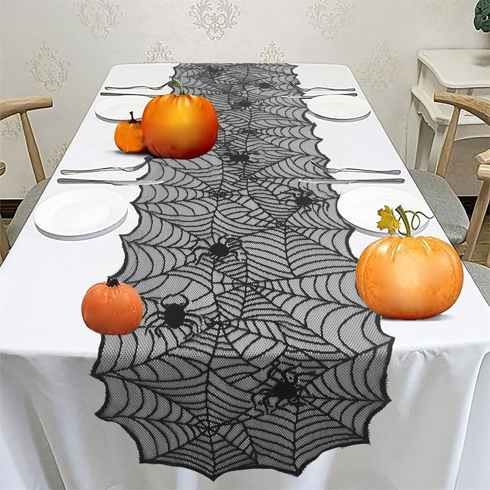 Halloween Table Runner, 17.7'x64.2' Spider Cobweb Table Cover, Black Lace Ghost Web Table Runner for Halloween Party Table Decoration