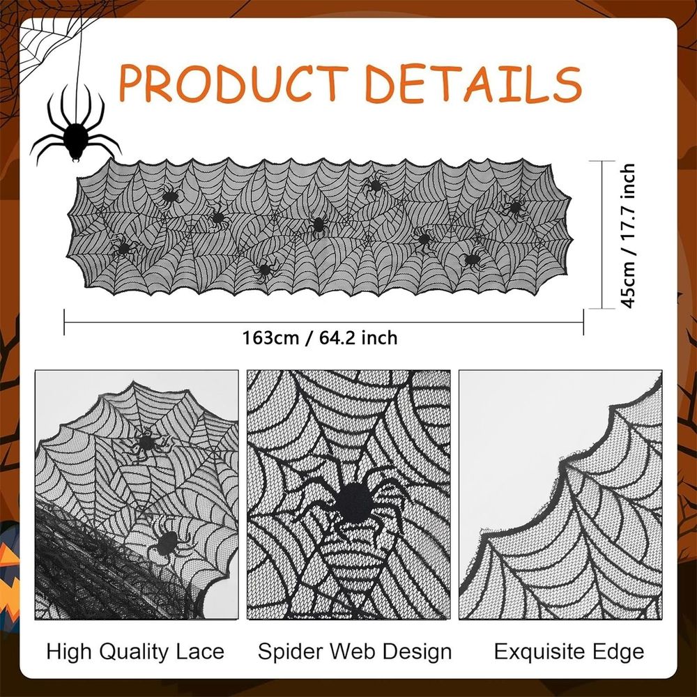 Halloween Table Runner, 17.7'x64.2' Spider Cobweb Table Cover, Black Lace Ghost Web Table Runner for Halloween Party Table Decoration