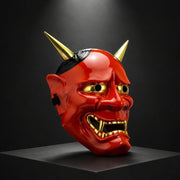Halloween Red Demon Mask for Adults, Japanese Style Oni Mask with Horns, Scary Full Face Mask Costume Accessory for Halloween Party Masquerade Decor Ghost House