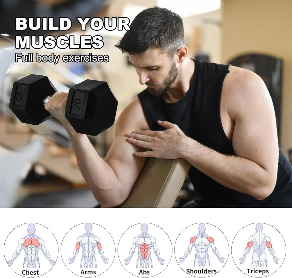 20lb to 45lb Rubber Coated Hex Dumbbells (sold in pairs) — Pair of 35LB / ~16kg