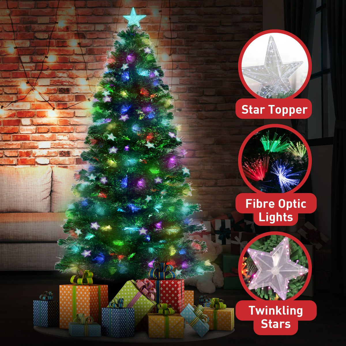 Christabelle 2.1m Pre-Lit Fibre Optic Artificial Christmas Tree with Multicolour Twinkling Star Lights