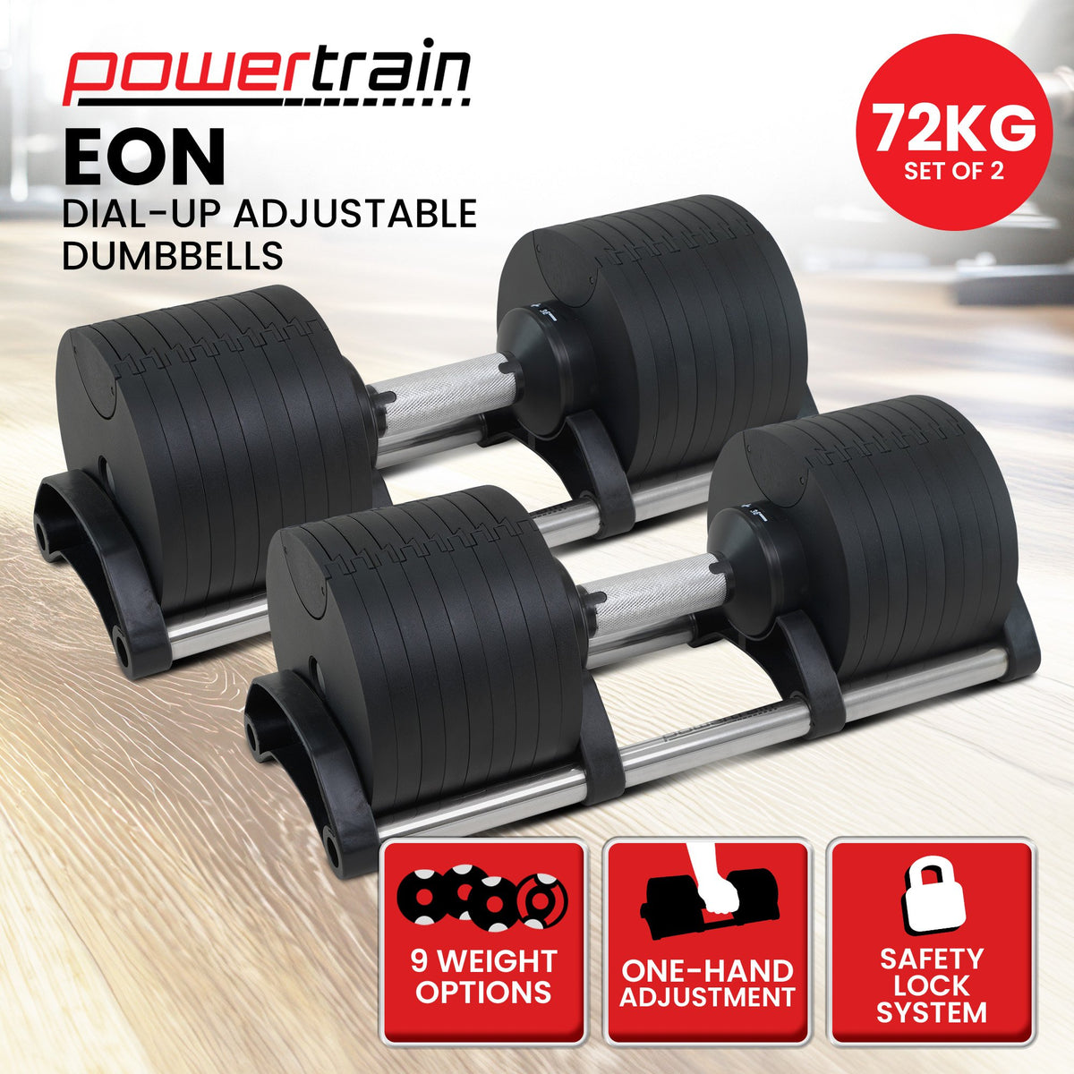 Powertrain Eon 72kg Adjustable Dumbbells Pair (2x 36kg) Quick Dial Cast Iron Free Weight Set for Home Gym Training