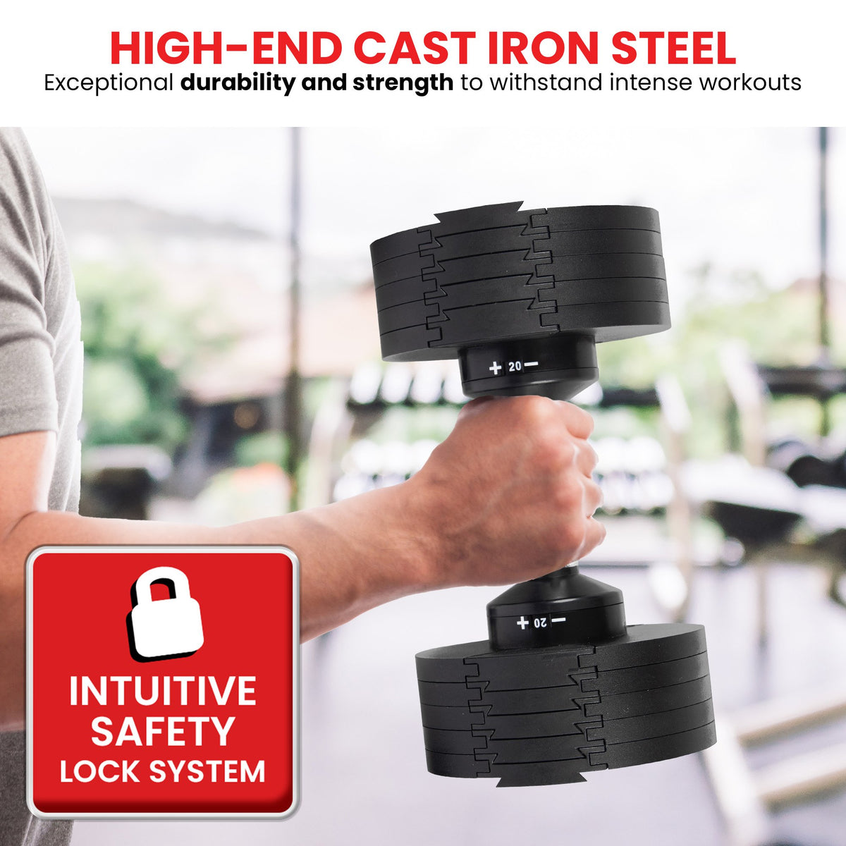 Powertrain Eon 72kg Adjustable Dumbbells Pair (2x 36kg) Quick Dial Cast Iron Free Weight Set for Home Gym Training