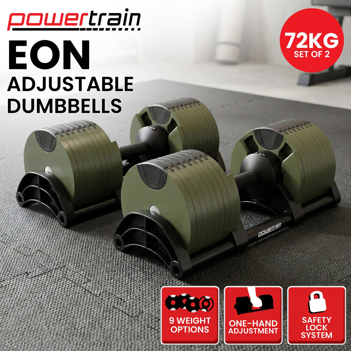 Powertrain Eon 72kg Adjustable Dumbbells Pair 4-36kg Quick Dial Cast Iron Weight Set for Home Gym Fitness Green