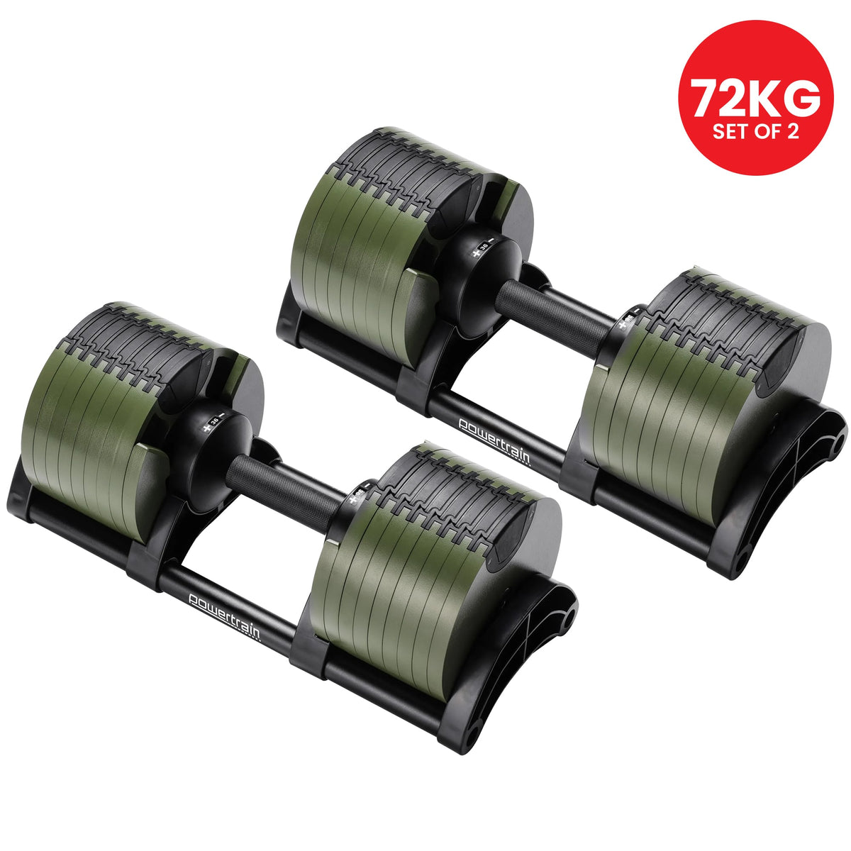 Powertrain Eon 72kg Adjustable Dumbbells Pair 4-36kg Quick Dial Cast Iron Weight Set for Home Gym Fitness Green