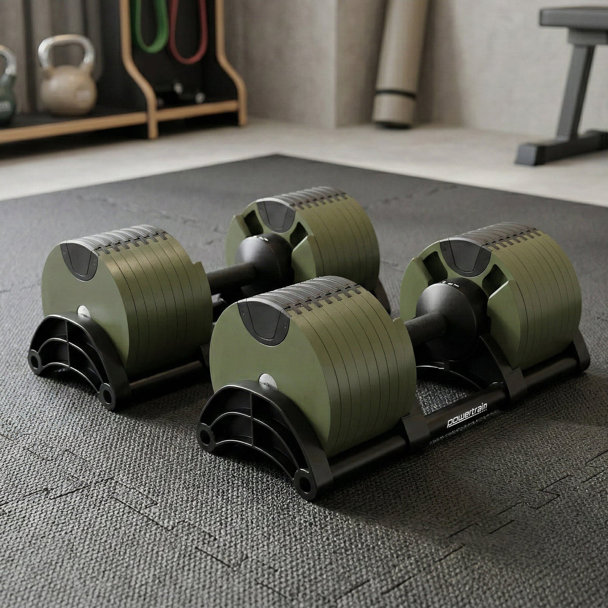 Powertrain Eon 72kg Adjustable Dumbbells Pair 4-36kg Quick Dial Cast Iron Weight Set for Home Gym Fitness Green