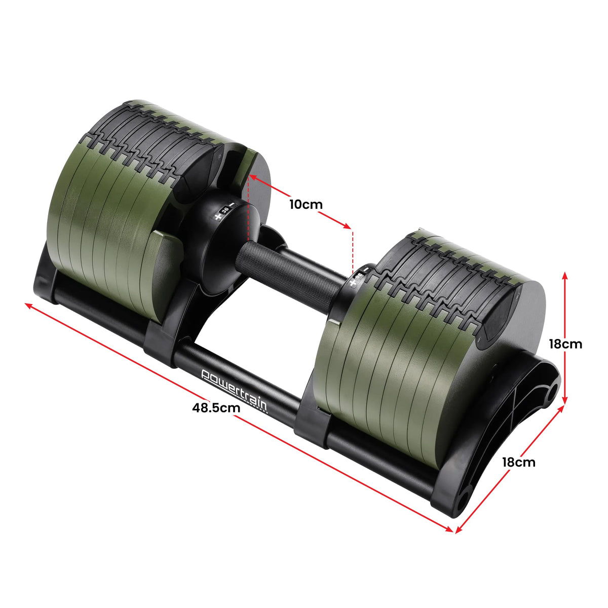 Powertrain 72kg Adjustable Dumbbells Pair with Stand 4-36kg Quick Dial Weight Set for Home Gym Strength Training Green