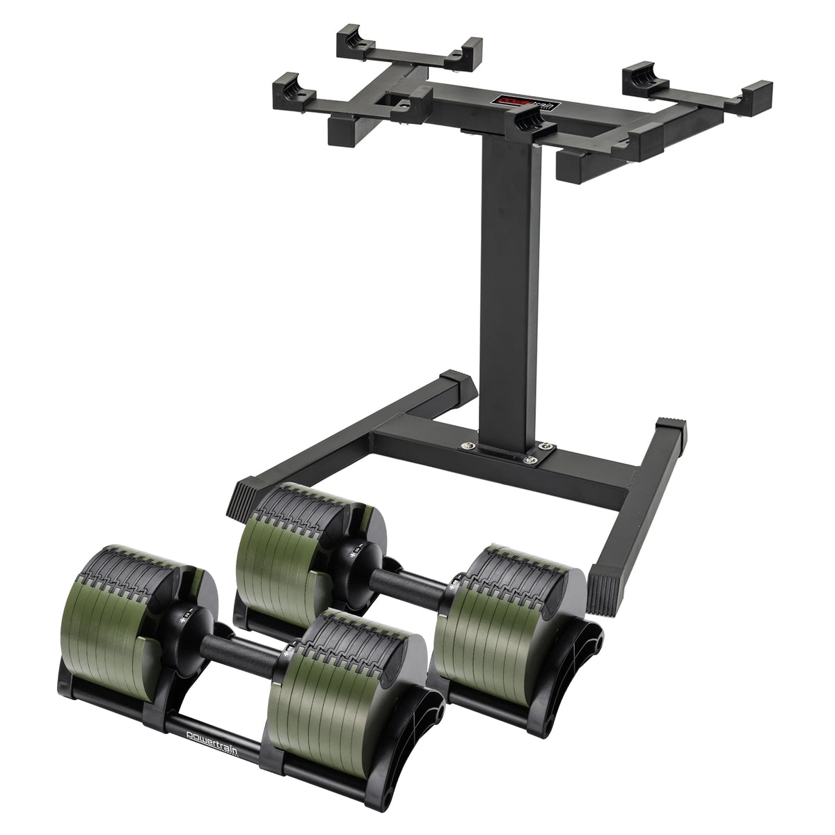 Powertrain 72kg Adjustable Dumbbells Pair with Stand 4-36kg Quick Dial Weight Set for Home Gym Strength Training Green