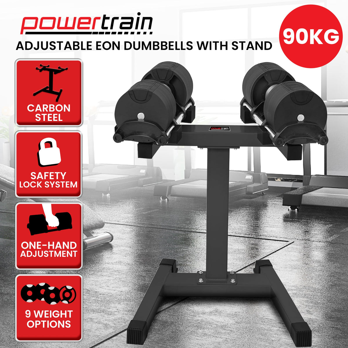 Powertrain Eon 90kg Adjustable Dumbbells Pair with Stand 2x 45kg Quick Dial Weight Set for Home Gym Strength Training