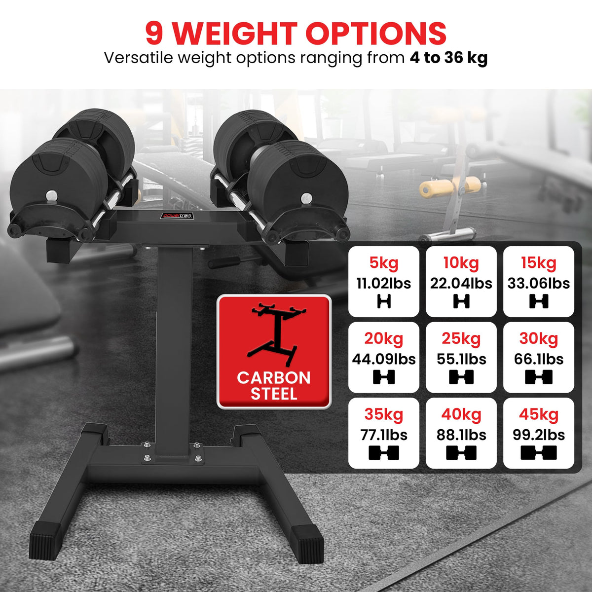 Powertrain Eon 90kg Adjustable Dumbbells Pair with Stand 2x 45kg Quick Dial Weight Set for Home Gym Strength Training
