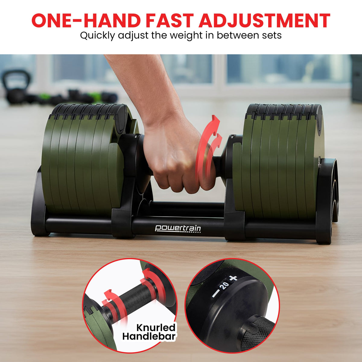 Powertrain Eon 90kg Adjustable Dumbbells Pair with Stand 5-45kg Quick Dial Weight Set for Home Gym Strength Training