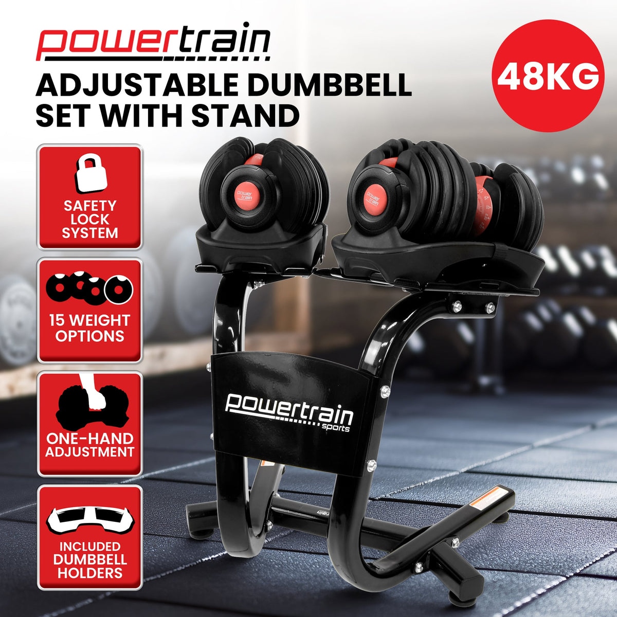 Powertrain 48kg Adjustable Dumbbells Set with Stand, Quick Dial Free Weights for Home Gym Strength Training - Red