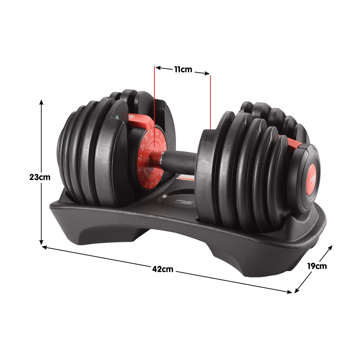 Powertrain 48kg Adjustable Dumbbells Set with Stand, Quick Dial Free Weights for Home Gym Strength Training - Red