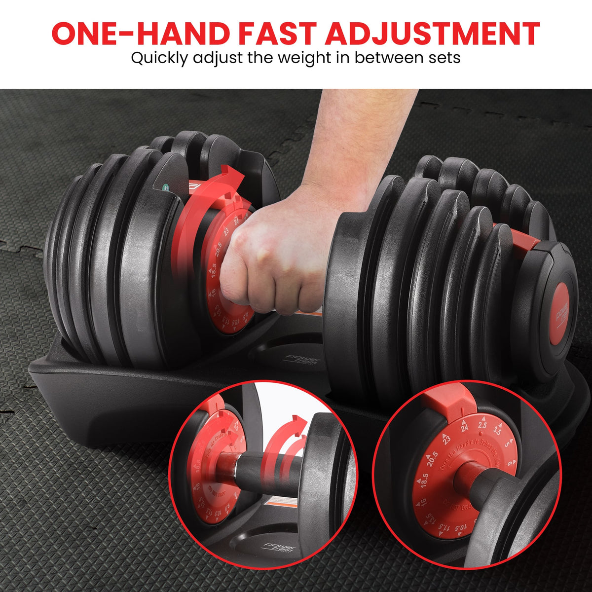 Powertrain 48kg Adjustable Dumbbells Set with Stand, Quick Dial Free Weights for Home Gym Strength Training - Red