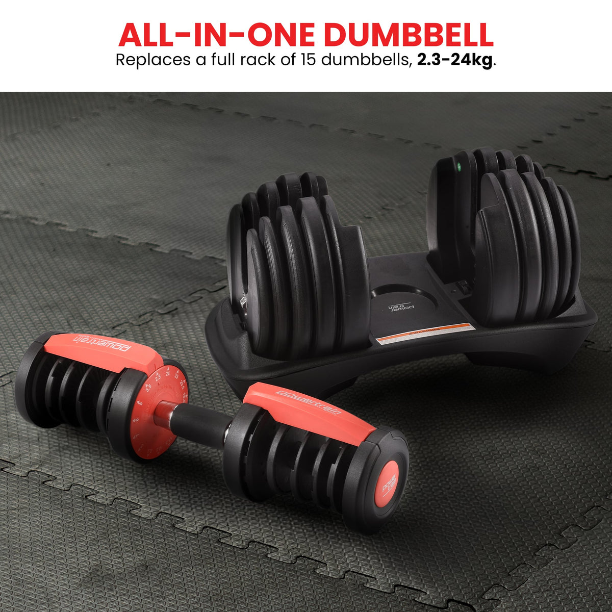 Powertrain 48kg Adjustable Dumbbells Set with Stand, Quick Dial Free Weights for Home Gym Strength Training - Red