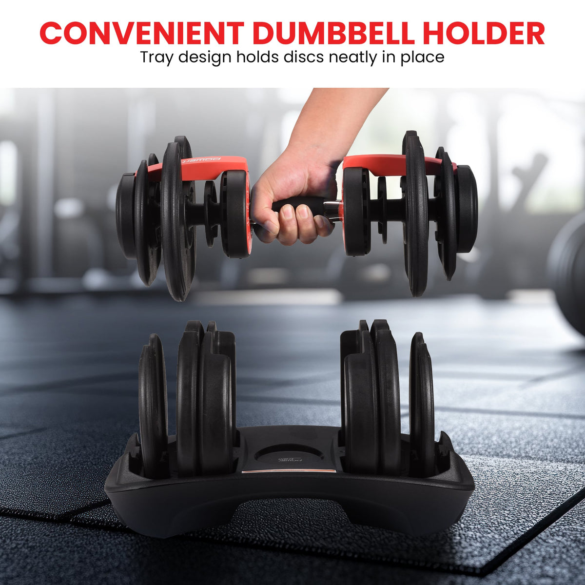 Powertrain 48kg Adjustable Dumbbells Set with Stand, Quick Dial Free Weights for Home Gym Strength Training - Red
