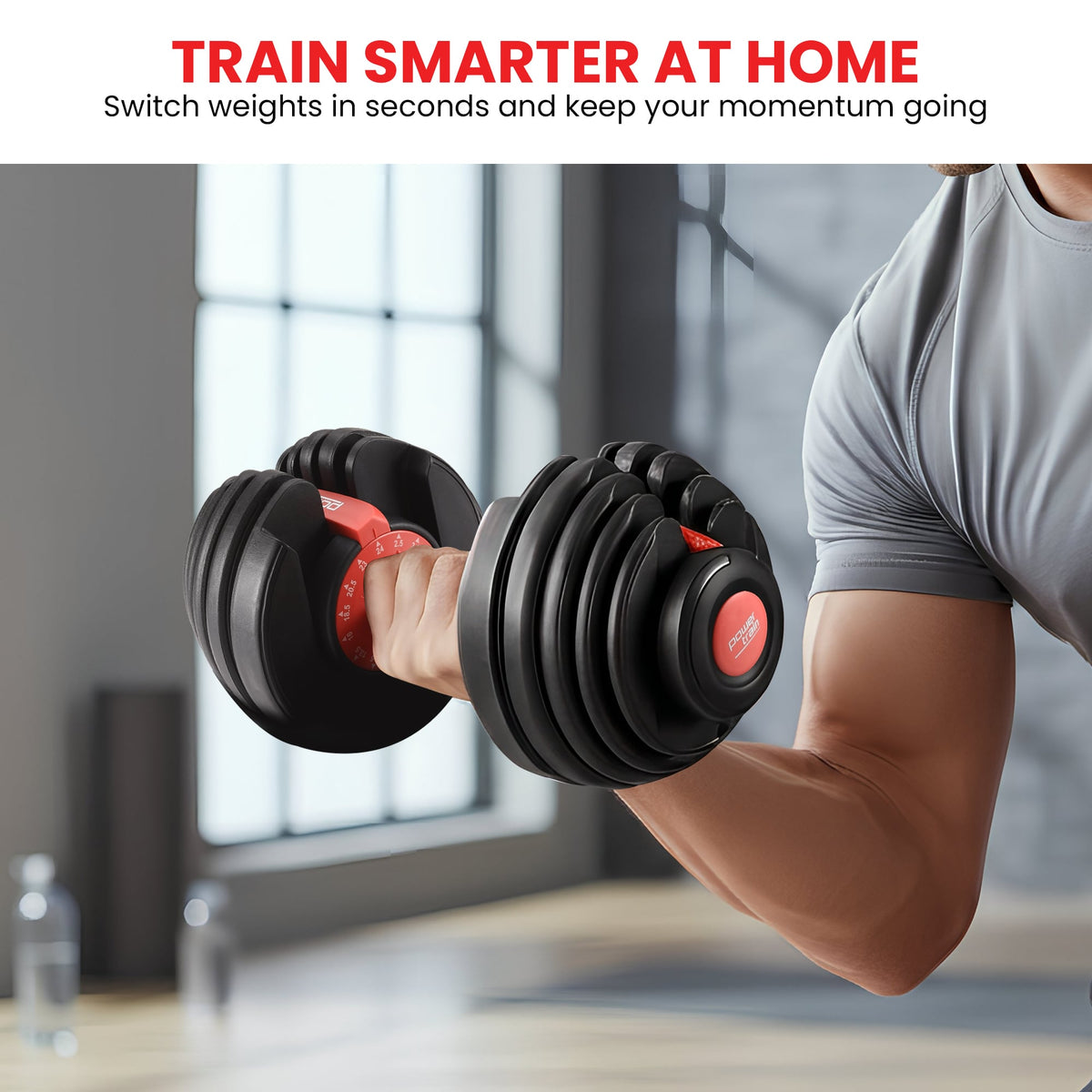 Powertrain 48kg Adjustable Dumbbells Set with Stand, Quick Dial Free Weights for Home Gym Strength Training - Red