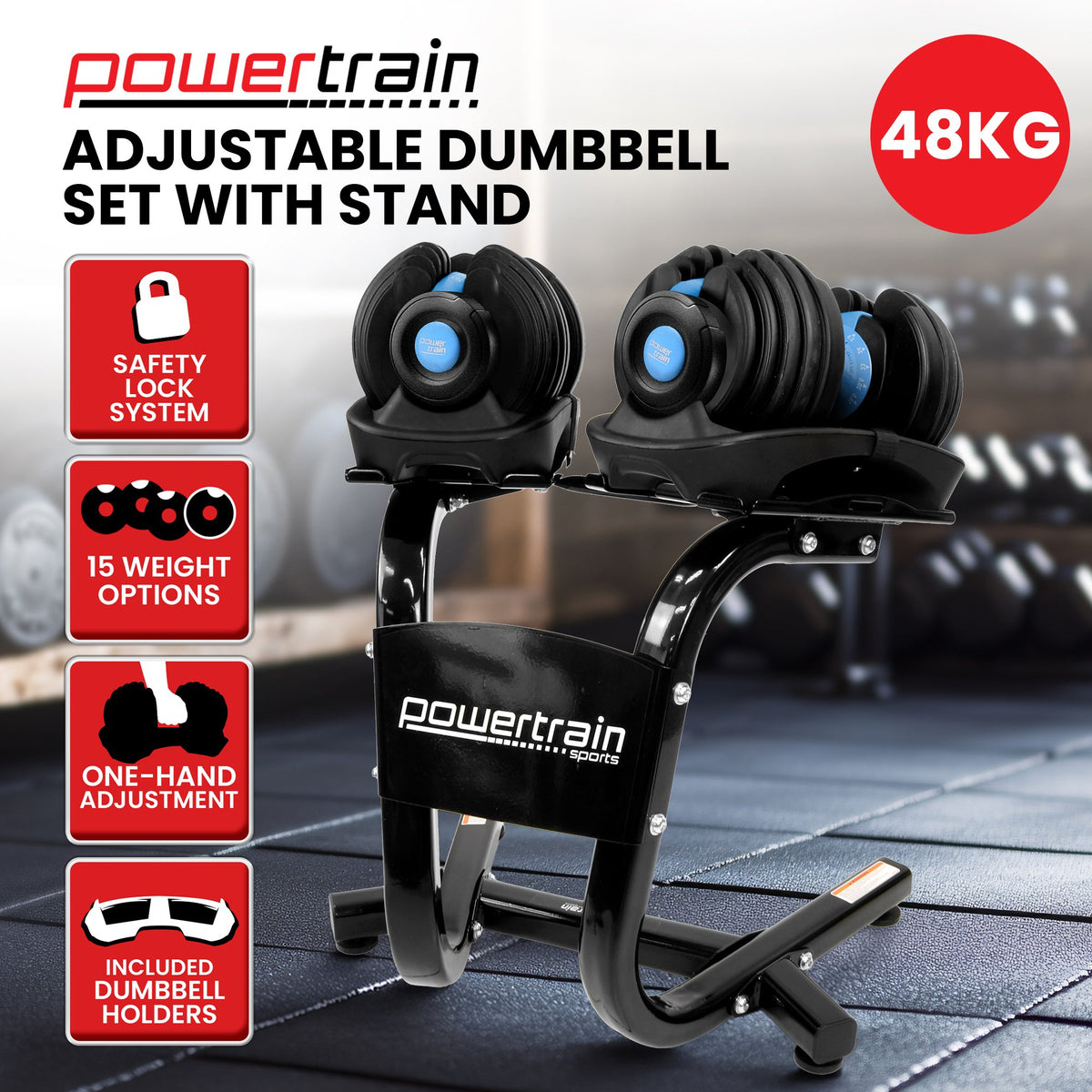 Powertrain 48kg Adjustable Dumbbells Set with Stand, Quick Dial Free Weights for Home Gym Strength Training - Blue