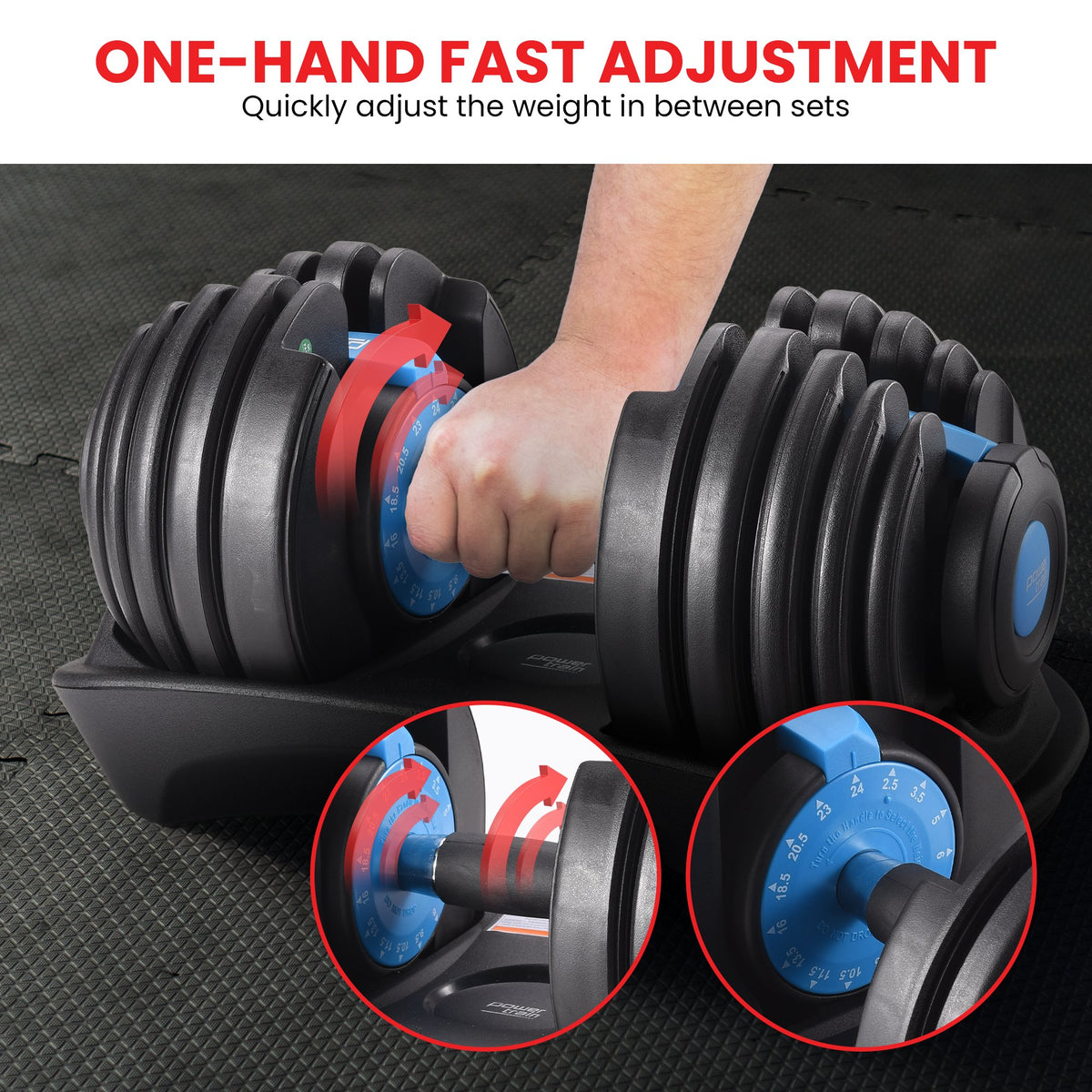 Powertrain 48kg Adjustable Dumbbells Set with Stand, Quick Dial Free Weights for Home Gym Strength Training - Blue