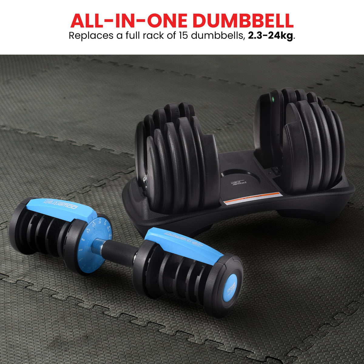 Powertrain 48kg Adjustable Dumbbells Set with Stand, Quick Dial Free Weights for Home Gym Strength Training - Blue